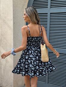 Serisse Women's Floral Print Front Tie Strap Mini Dress For Vacation Vacation Black Floral Summer Boho - Multicolor - View 2