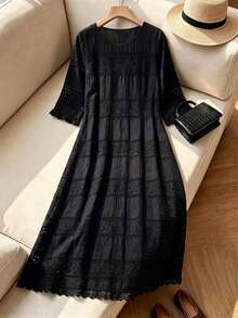 Rusticease Elegant Lace Hollow Round Neck Dress For Middle-Aged And Elderly Women - Navy Blue - View 2