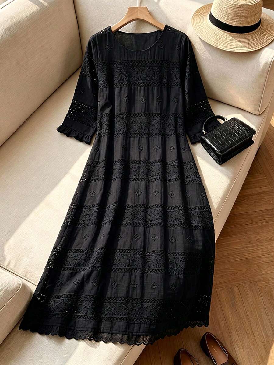 Rusticease Elegant Lace Hollow Round Neck Dress For Middle-Aged And Elderly Women