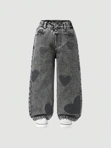 SHEIN 女童/幼童時尚雪花水洗做舊刺繡喇叭褲 - 灰色 - 查看 3