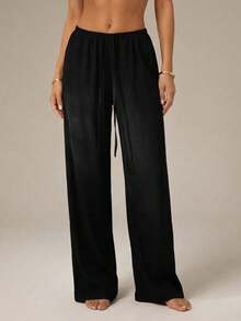 SHEIN PETITE CURVE Plus Size Women Solid Color Waist Tie Straight Leg Loose Fit Pants - Black - View 4