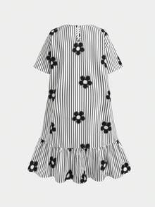 SHEIN 青少年女孩、兒童花卉條紋圓領短袖寬鬆A字休閒短袖洋裝，返校季、畢業典禮 - 黑與白 - 查看 2