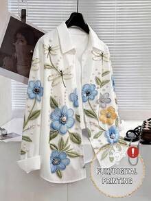 Lacomfia Women's Elegant Dragonfly & Floral Bubble Pattern High-End Summer Plus Size Blouse Fall - Multicolor - View 1