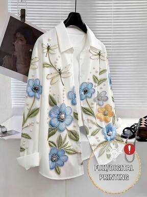 Lacomfia เสื้อเบลาส์ผู้หญิงไซส์ใหญ่ ลายแมลงปอและดอกไม้ ลายฟองอากาศ สไตล์หรูหรา สำหรับฤดูร้อน