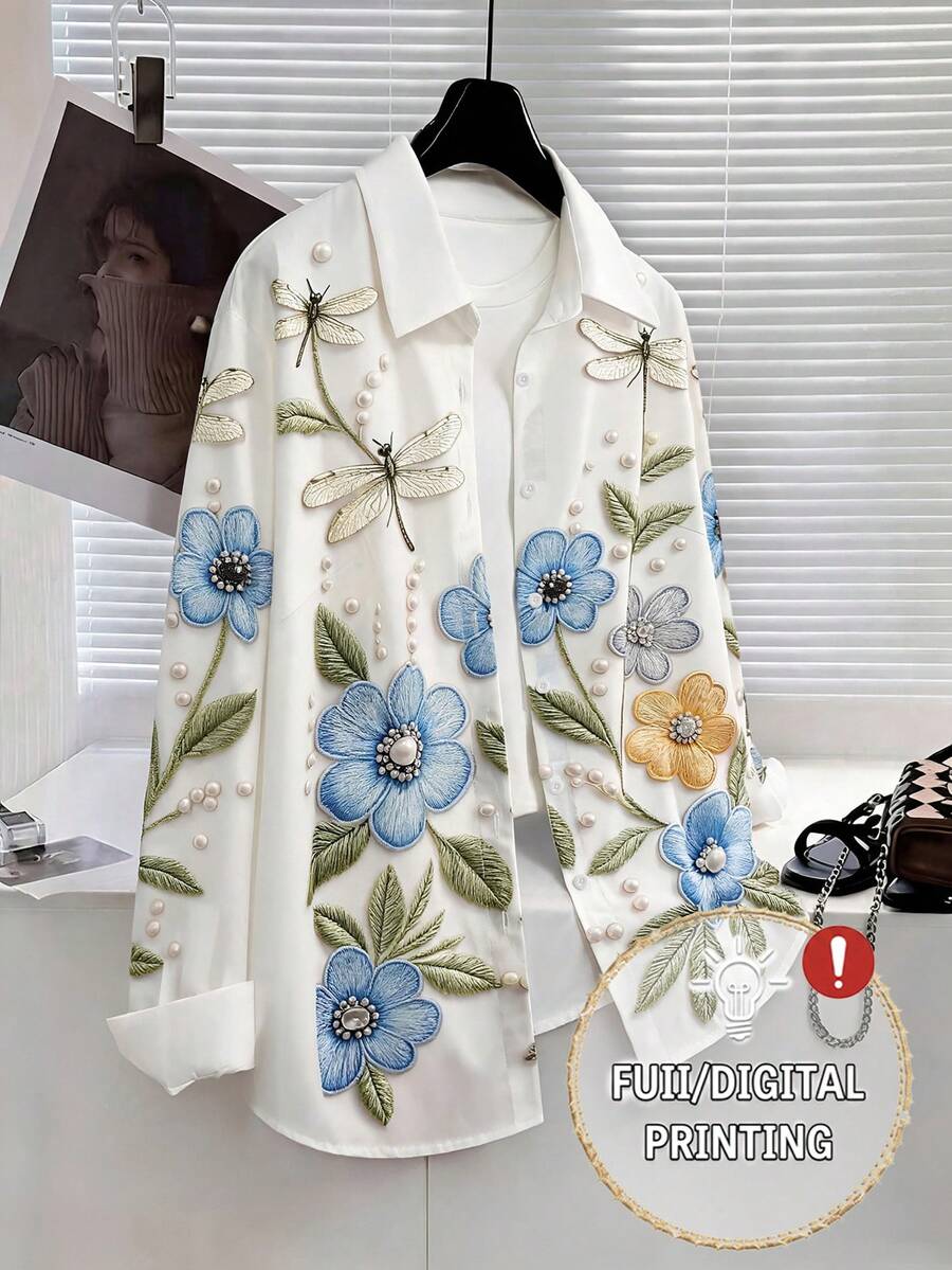 Lacomfia Women's Elegant Dragonfly & Floral Bubble Pattern High-End Summer Plus Size Blouse Fall - Multicolor - View 1