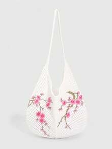ROMWE Kawaii 1件時尚針織單肩包，白色鏤空梅花刺繡單肩包，適合日常穿搭 - 白粉色 - 查看 8