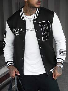 SLATEMANN Men's Letter Pattern Striped Long Sleeve Single-Breasted Baseball Jacket - Black - View 4