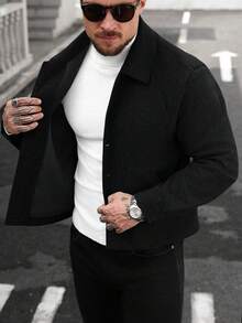 Manfinity CasualCool Manfinity Men's Black Winter Casual Smart Work Woolen Collared Button-Up Jacket, Regular Fit Overcoat,Ideal For Business Meetings & Outings - Black - View 6