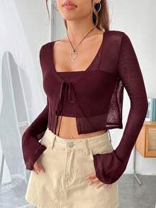 SHEIN EZwear 女款純色休閒百搭日常穿著長袖開襟衫 - 玫瑰紅 - 查看 4