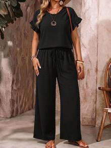 EMERY ROSE Polka Dot Plus Size Raglan Sleeve Cuff Patchwork Ruffle Back Waterdrop Round Neck Blouse And Elastic Waist Waistband Decor Drawstring Pants Women's Long Pants Black Plus Size 2pcs Set Vacation Bohemian Casual Suitable For Spring And Summer - Black - View 7