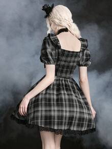 ROMWE Dark Gothic Black & Grey Plaid Bow Petal Sleeve Fitted A-Line Mini Dress - Multicolor - View 2