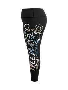 Cheerettes Women's Plus Size Letter Print Casual Versatile Daily Wear Sports Black Leggings High Stretch Breathable Moisture Wicking Graffiti Print Tummy Control - Black - View 8