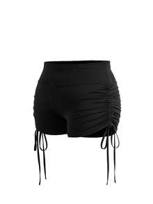 Cheerettes Women's Plus Size Solid Color Pleated Casual Versatile Daily Travel Sports Shorts Black High Waist Stretch Fabric Side Drawstring Tummy Control Butt - Black - View 5