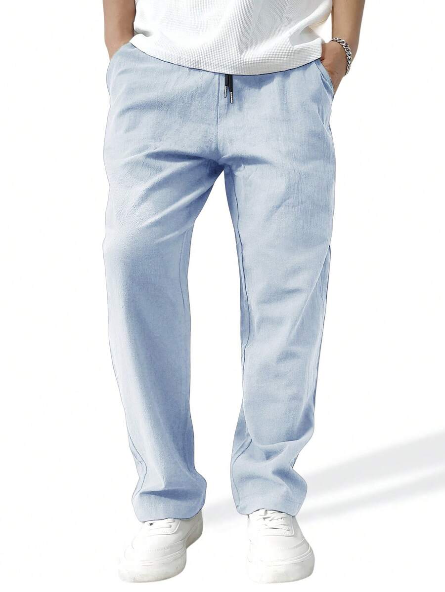 Manfinity Homme Pantalones rectos de unicolor con cordón en la cintura para hombres, otoño - Celeste - Ver 1