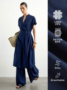 Aalyst Conjunto elegante de 2 piezas para mujer de unicolor con camisa larga de manga corta y cuello en V y pantalones, azul marino, para oficina en verano - Azul Marino - Ver 2
