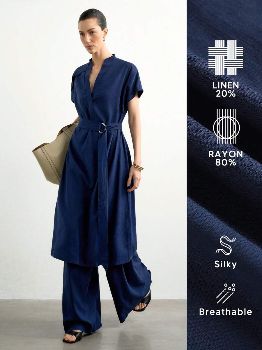 Aalyst Conjunto elegante de 2 piezas para mujer de unicolor con camisa larga de manga corta y cuello en V y pantalones, azul marino, para oficina en verano