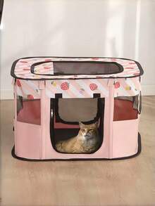 1PC Cartoon Pink Strawberry Print Foldable Pet Tent Octagonal Oxford Cloth Dog Cat House Enclosed Playpen Scratch Resistant Breathable Portable Indoor Outdoor Travel Home Use - Multicolor - View 7