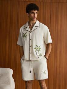 SWAVVY Set de 2 piezas de camisa de manga corta de ajuste holgado y pantalones cortos rectos con cordón en la cintura, un conjunto de ropa casual y cómoda para hombres - Beis - Ver 6
