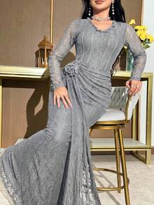 Modelyn 大尺碼女款蕾絲百褶優雅收腰派對洋裝 - 灰色 - 查看 8