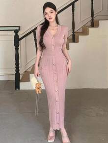 DAZY 女士优雅纯色V领纽扣假口袋针织毛衣连衣裙，春夏款，婚礼宾客礼服 - 粉色 - 查看 11