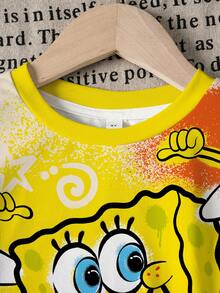 SpongeBob SquarePants | SHEIN 小男孩卡通印花短袖T恤與短褲休閒套裝 - 白色 - 查看 5
