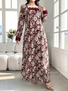 Al Najma Women's Floral Print Fashion Party & Travel Arabian Dress - Burgundy - View 7