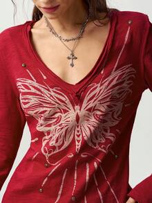 Bohemela Women's Butterfly Pattern Casual Grunge Versatile Daily Wear T-Shirt Everyday Dark Red Summer - Blue - View 3