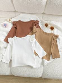 SHEIN Playful Pals Infant Girls Casual All-Match Versatile Round Neck Flutter Sleeve Front Center 3D Crochet Floral Multi-Color Tops Multi-Piece Set Autumn - 棕色 - 查看 2