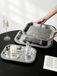1PC Stainless Steel Multi-Purpose Rectangular Tray, Embossed Metal Fruit Bowl, Stainless Steel Decorative Tray, Jewelry And Cosmetics Storage Box, Bathroom Shelf, Storage Tray - Silver - View 2