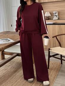 SHEIN LUNE Plus Size Women's Autumn/Winter Woven Tape Patchwork Drop Shoulder Colorblock Sweatshirt & Sweatpants Casual Commute Set - Burgundy - View 3