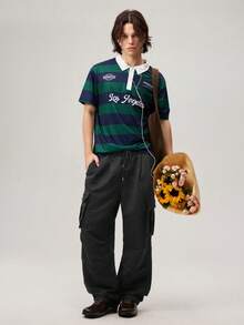 Men Flap Pocket Side Drawstring Waist Oversize Cargo Pants, Fall Wide Leg - Black - View 7