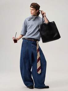 Oversized Men's Letter Embossed Drop Shoulder T-Shirt, Fall - Dusty Blue - View 2