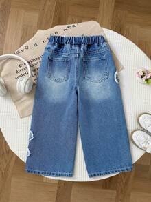 Girls' Versatile Casual Cute Sweet Cool Bow Embroidery Patchwork Loose Straight Leg Washed Denim Jeans, Suitable For Daily Wear, School, Campus, Outings, Dates And More - Medium Wash - View 2