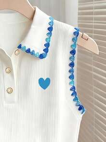 Franclia 清新對比色狗領心形刺繡修身羅紋針織無袖 Polo 背心 - 彩色 - 查看 3