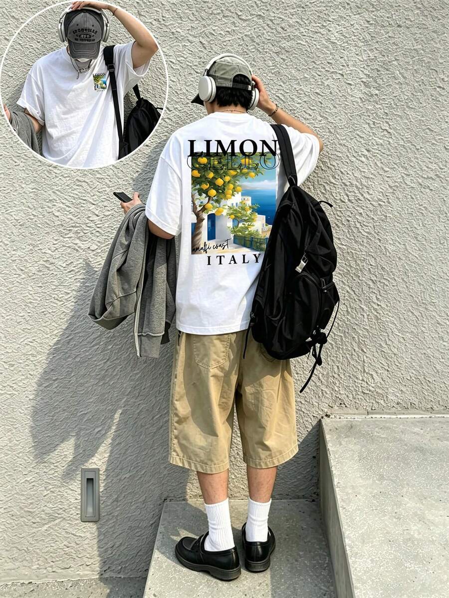 Resyla Men 休闲时尚男士意大利柠檬青柠T恤 | 柠檬树和阿马尔菲海岸印花,意大利语文字设计,休闲短袖圆领夏季衬衫,意大利主题休闲服饰(意大利柠檬青柠标志风格),舒适宽松 - 黑色 - 查看 1