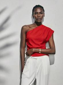 Lumivelle Women's Elegant Fashion Pleated White Relaxed Fit Asymmetrical Shoulder Blouse Romantic - Red - View 3