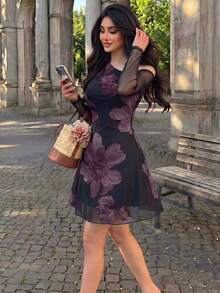 Modelyn 網格印花不對稱單肩百褶優雅性感夏季女款洋裝 - 紫色 - 查看 3