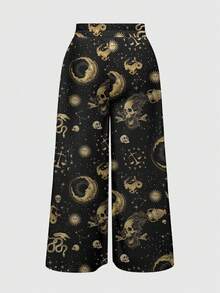 ROMWE Goth Sun Moon Stars Dark Skull Constellation Moon Plus Size Pants - Black - View 2