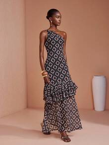 JIAN LASALA Mesh One-Shoulder Ruffle Hem Asymmetric Neckline Bodycon Women Long Dress - Multicolor - View 1