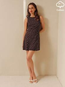 lacRébo Brown And White Polka Dot Sleeveless Cotton Mini Dress In Jersey With A Round Neckline Summer Vintage Casual Chic Brunch - Brown - View 5