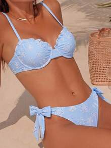 SHEIN Swim Chicsea 26SS 春夏优雅纹理面料钢圈比基尼套装，蓝色刺绣，2件套 - 藍色 - 查看 1