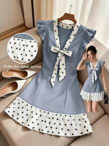Franclia Women's Polka Dot V-Neck Bow Decor Casual Daily Dress - Blue - View 1