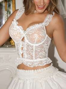 Crystal Vow 1pc Floral Embroidered Lace Women's Lingerie, Lace Ruffle Straps With Bowknot Detail, Lightweight And Sheer - White - View 3