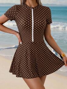Swim Shayni Women's Polka Dot Short Sleeve Jumpsuit And Mini Skirt Burkini Two-Piece Swimsuit Set, Suitable For Summer Vacation - Brown - View 4