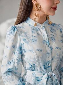 Modelyn Setelan 2 Potong Blus dan Rok Motif Bunga Elegan untuk Wanita - Biru - View 1