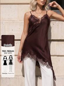 Sinnesro Spring/Summer Lace Satin Top, Casual Vacation Style, Vintage, Commuting Night Out, Sexy Home, Petite Women Shades Of Brown - Rust Brown - View 2