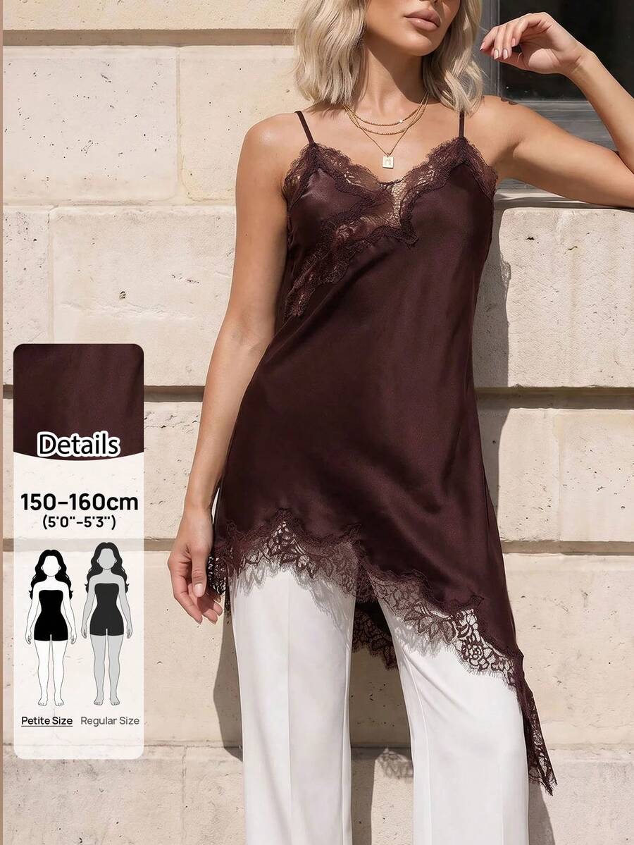 Sinnesro Spring/Summer Lace Satin Top, Casual Vacation Style, Vintage, Commuting Night Out, Sexy Home, Petite Women Shades Of Brown