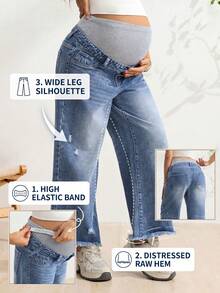 SHEIN Maternity Casual Loose Fit Washed Distressed Straight Leg Jeans Winter Holiday Outfits For Women, Baby Shower Beach Formal Gender Reveal Blue - Medium Wash - View 1