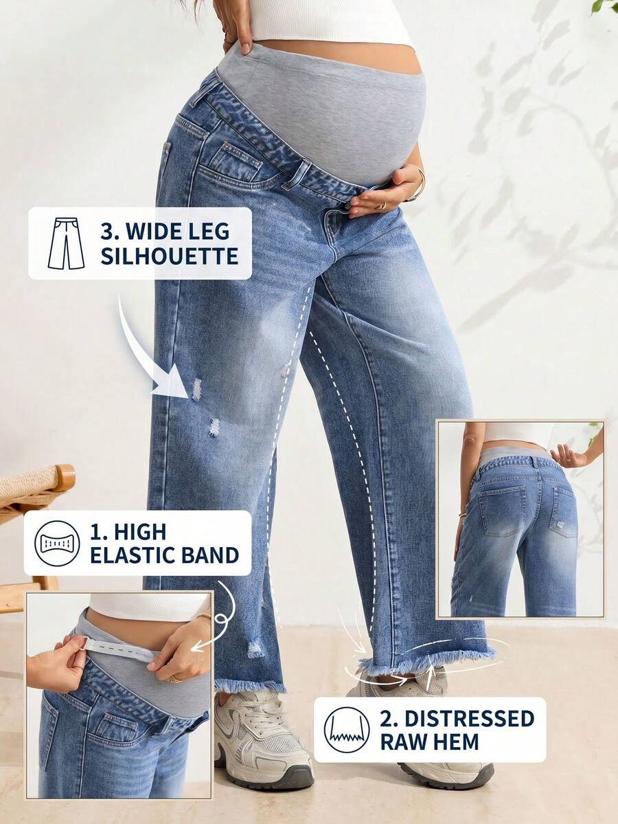 SHEIN Maternity Casual Loose Fit Washed Distressed Straight Leg Jeans Winter Holiday Outfits For Women, Baby Shower Beach Formal Gender Reveal Blue - Medium Wash - View 1