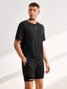 Driftmere 2pcs Men's Short Sleeve Top And Drawstring Shorts Two Pieces Sport Suit, Fitness Outdoor Casual Workout Set Gym Compression Sports Black - Black - View 1